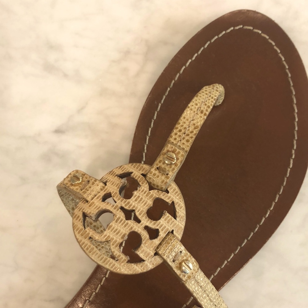 Tory Burch sandal. Tan snake skin